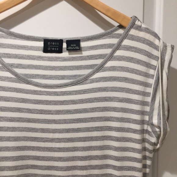 NWOT PRESS Grey & White Stripe Drawstring Dress M - Picture 2 of 4